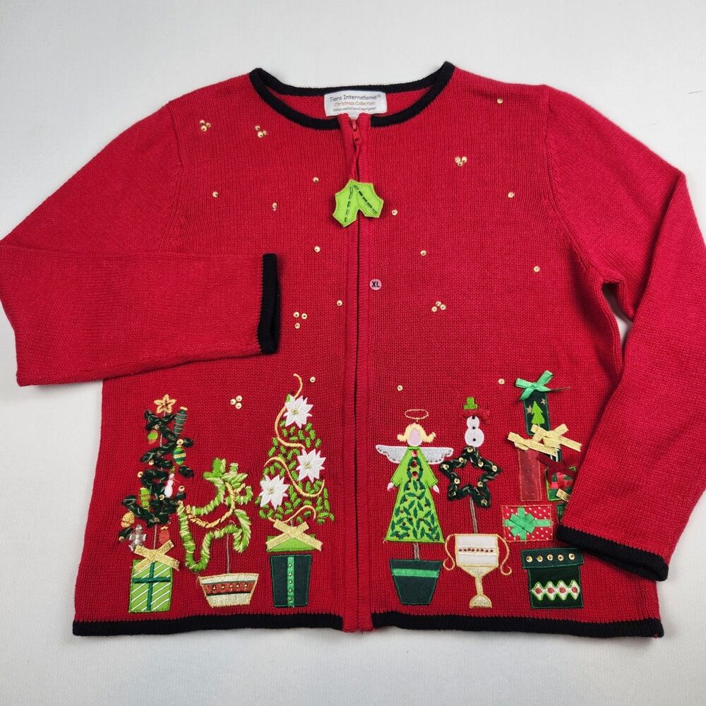 Tiara International Christmas Cardigan Sweater Womens XL Red ZIp NWT Appliques